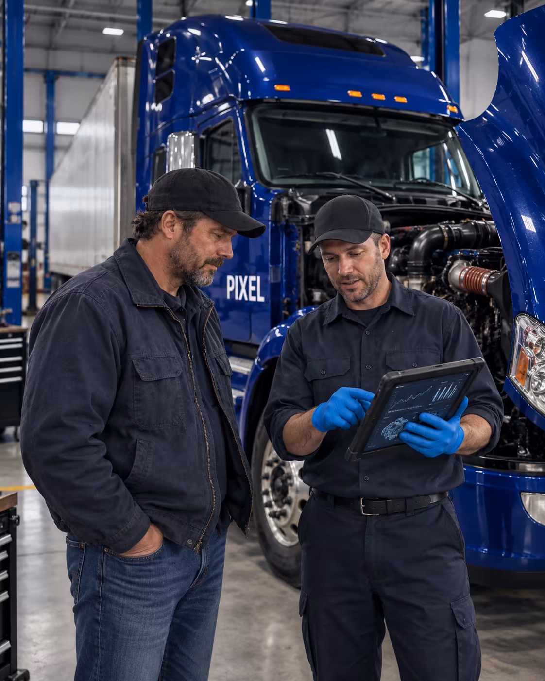 A technician explaining diagnostic results on a tablet to a driver.